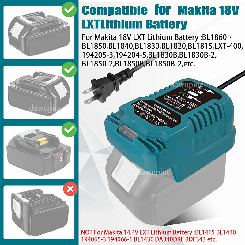 AC 12V/24V 100-240V Replacement for DC18RC Lithium Battery Mini Compact Car Charger for Makita 18V BL1830 BL1860 Li-ion Battery