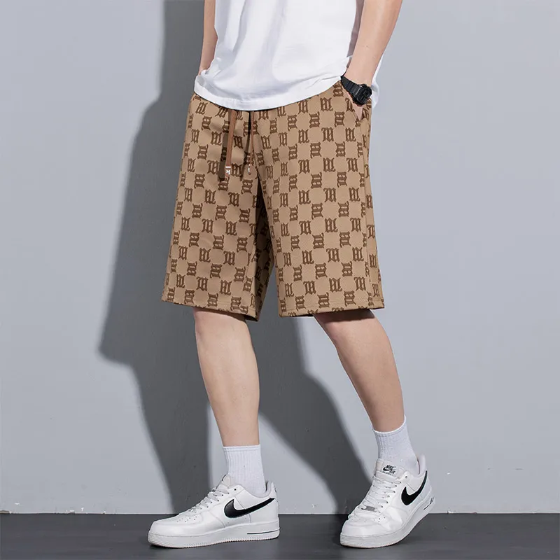 Vintage Letter Printed Plaid Casual Shorts Summer Youthful Vitality Men\'s Clothing Fashion Elastic Drawstring Loose Knee Pants