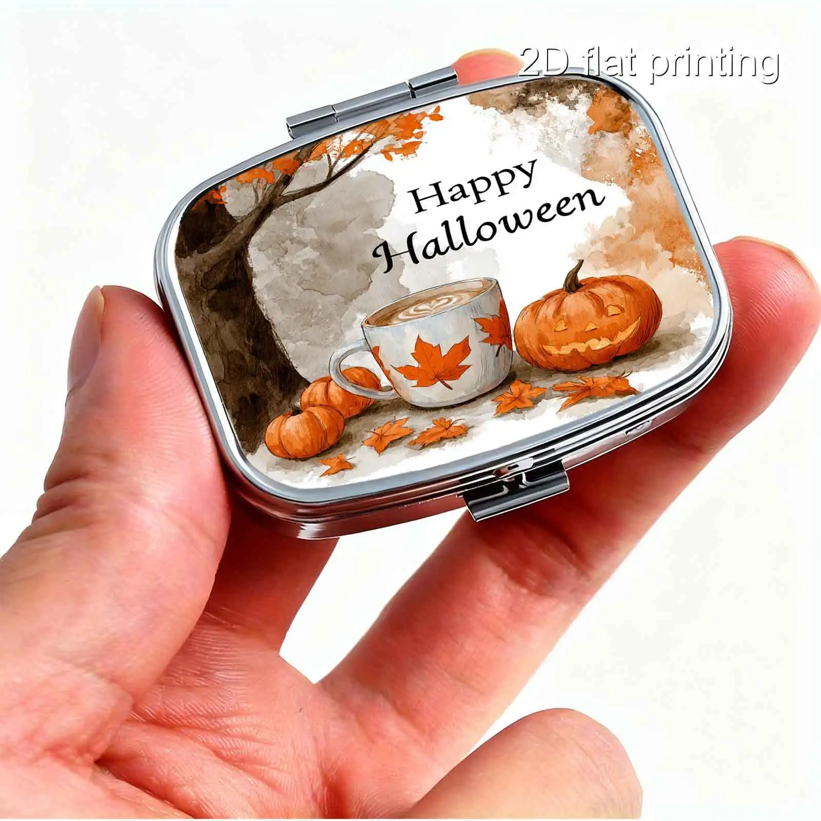 1Pc Flat Printing Pill Box, Portable Metal Material, Halloween Floral and Leaf Cup-Shaped Pumpkin Happy Halloween Decorative Design, Warm-Toned Retro Pastel Square Style Design - Pocket-Sized Pill Box - Portable Small Pill Box - Mini Pill Box - Convenient for Storing Regular Medication - Easy to Store - Compartmentalized Design - Compact Pill Storage - Ideal for Gift-Giving - Lightweight and Convenient - Suitable for Personal Use and Gift-Giving - Easy to Carry with You