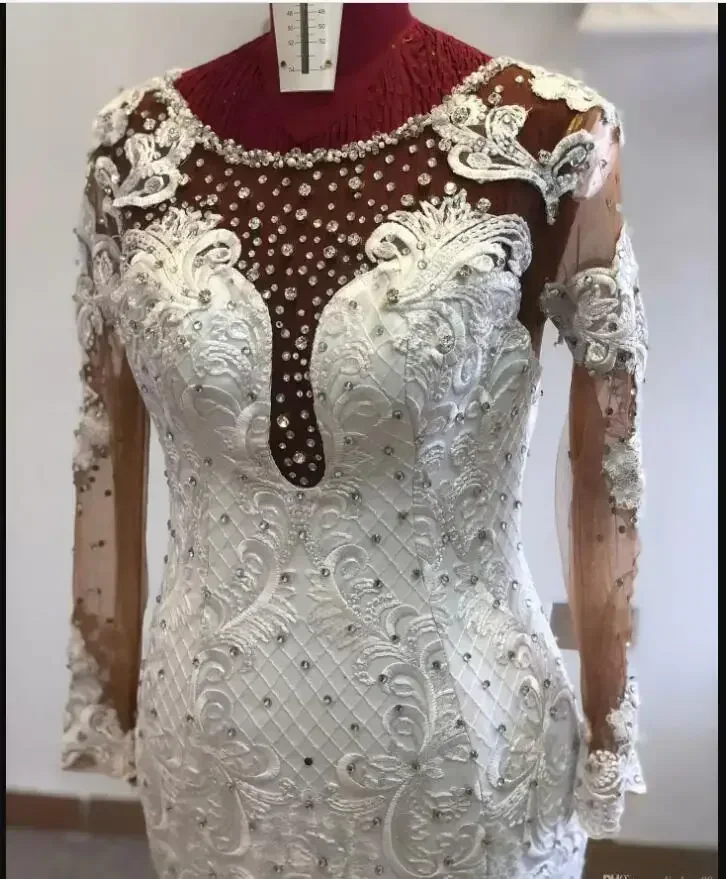 تخصيص مثير مطرز بلورات مغرفة العنق حورية البحر فساتين الزفاف الدانتيل يزين خمر كم طويل أثواب الزفاف