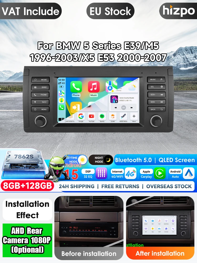 Hizpo 7 Zoll Wireless CarPlay Android Auto Autoradio für BMW X5 E39 E53 1999 - 2006 Multimedia Wireless Apple CarPlay Intelligente Systeme IPS Touchscreen Stereo Videoplayer 2Din Autoradio Head Unit