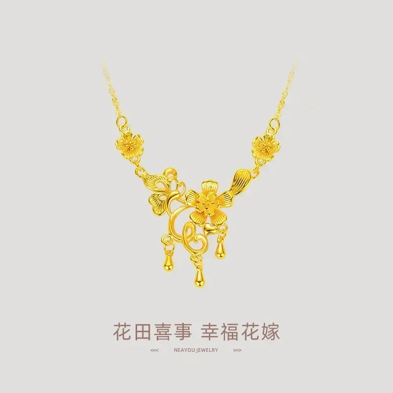 

9999 Real Gold 24K Premium Gold Wedding Flower Necklace Niche Fashion Bridal Jewelry Flower Field Happy Event Flower Necklace