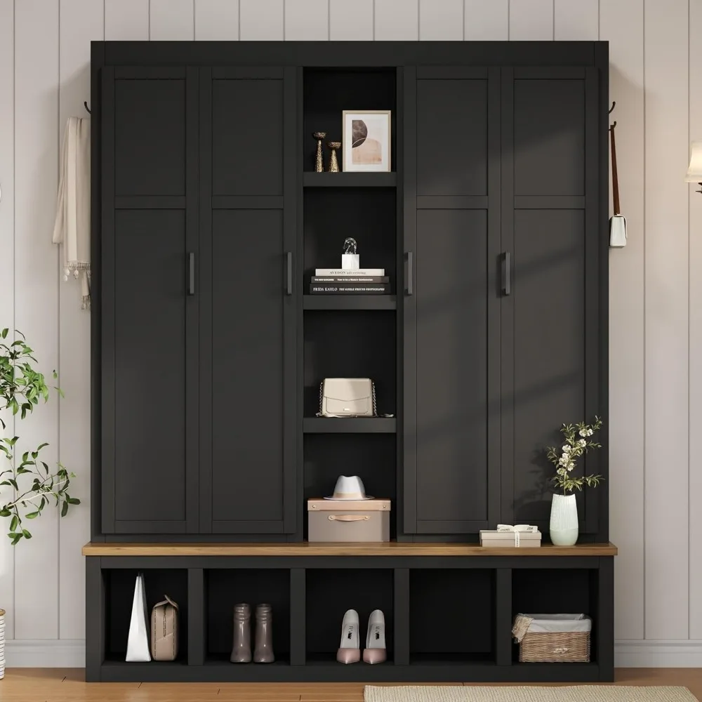

Wide Hall Tree with Wood Grain Bench and 8 Open Compartments, 62.9" W Farmhouse Style Entryway Bench with Storage Unit and 6 Hoo