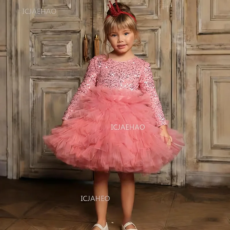 Baby Girl One-Piece Dress Party  Children Christmas Sequin Long Sleeve Tulle Kids Holiday Formal  Gown Birthday Pageant Flower