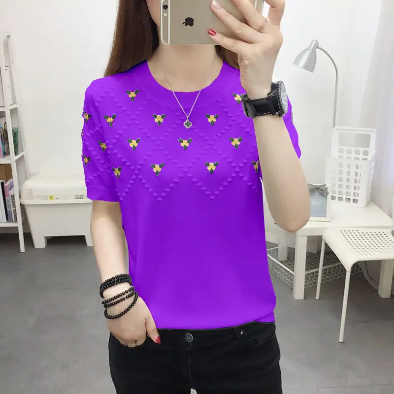 

Embroidered short sleeve T-shirt women's summer new loose large size base shirt Korean knitted slim coat