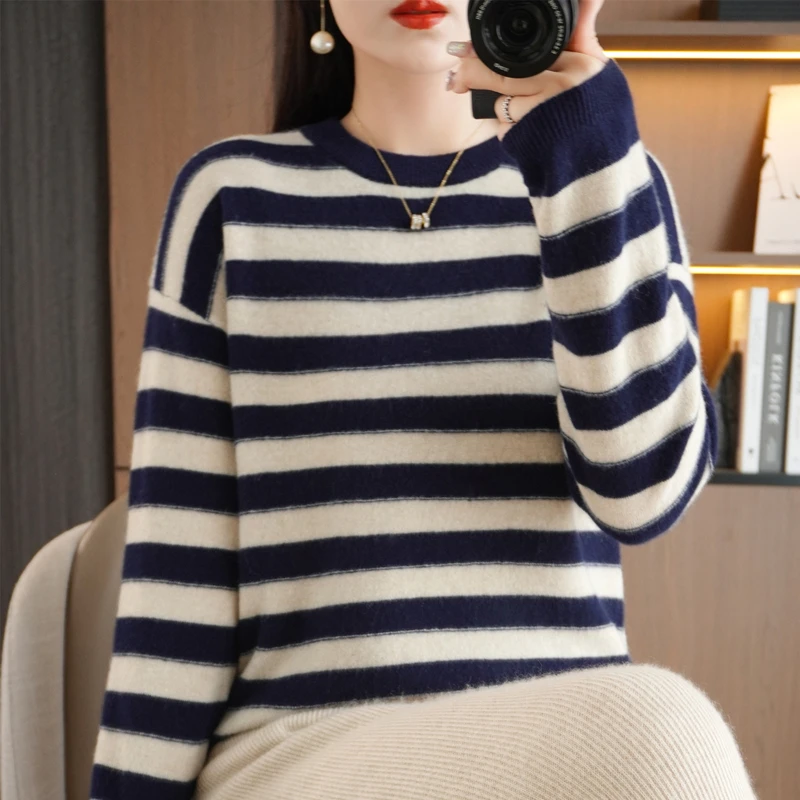 Women Merino Wool Sweater, Round Neck, Strip Pullover, Color Matching, Casual Knitted, Bottoming Tops, Spring, Autumn, New Soft