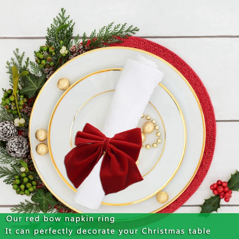 8 Red Bow Napkin Holder Rings, Velvet Bow Xmas Napkin Holder Buckle Table Decoration For Christmas Holiday Party Dinner Durable image 4