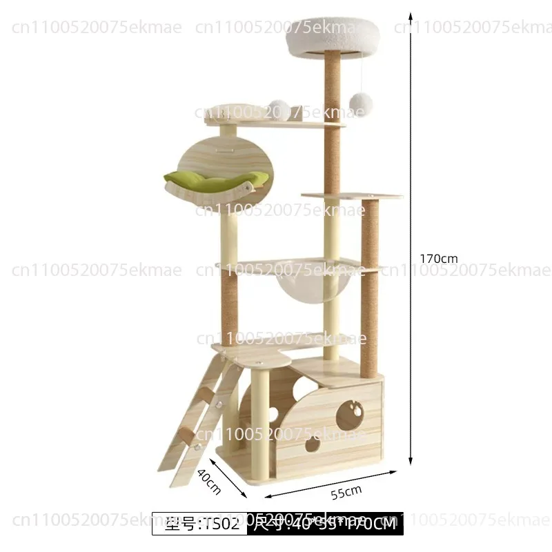 Tall Wooden Cat Tree Tower with Cat Condo & Plush Top Perch for Indoor Cats