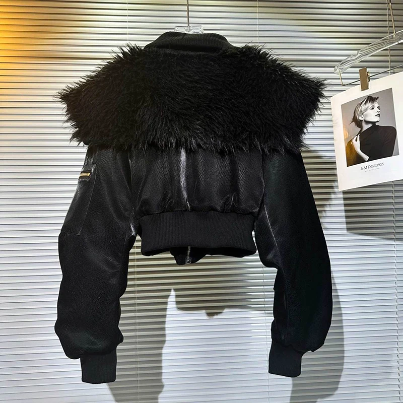 INS Streetwear High quality Winter Parka Niche Snake Patterned Patent Big Fur Collar Leather Jacket Splicing Women's Winter Coat