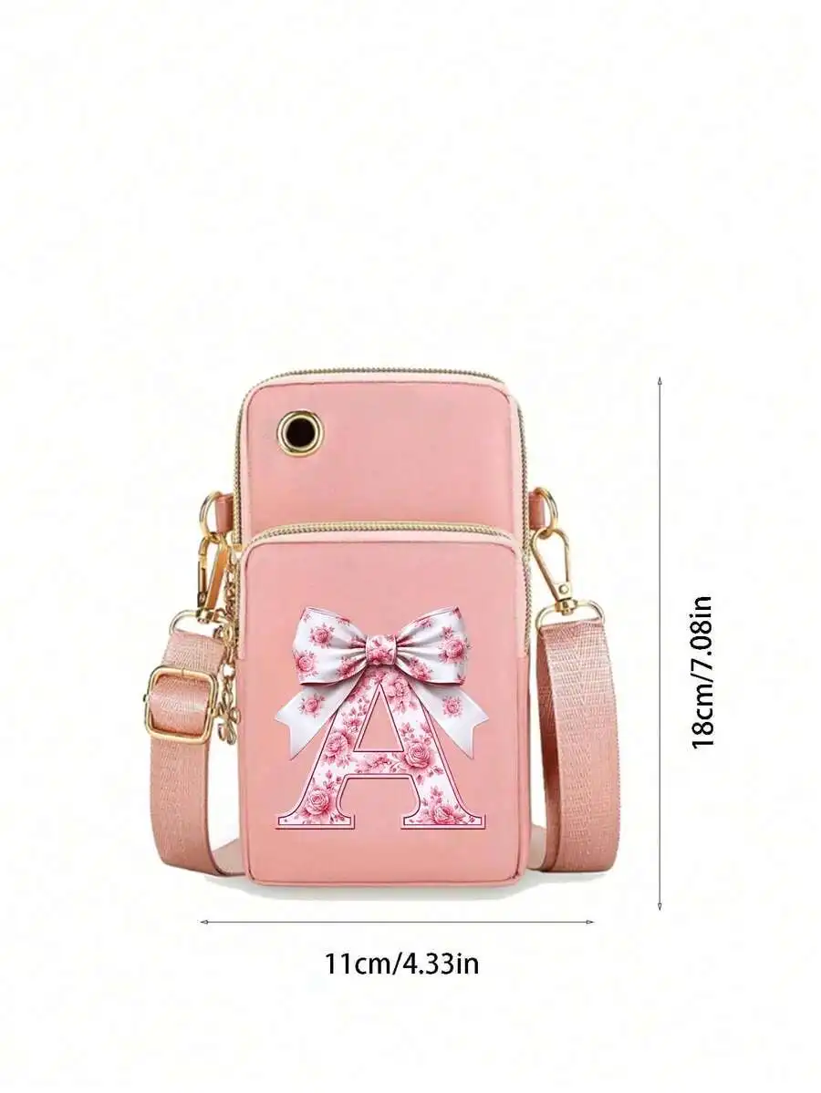 

Pink Floral Letter A Bow Crossbody Bag With Earphone Hole Adjustable Strap Mini Phone Shoulder Bag