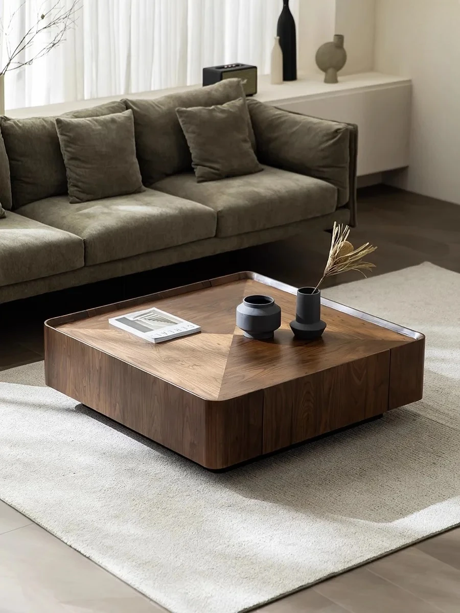

French Ancient Style Italian Minimalist Solid Wood Tea Table High-End Modern Living Room Home Mosaic Walnut Square