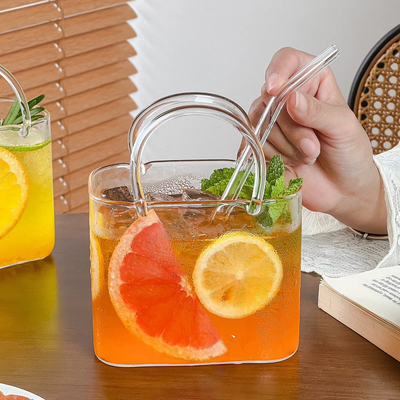 Ins Style Handbag Glass Cup with Glass Straw Purse Shape Wine Cup Fish Tank Vase Decorative Flower Vases for Juice Tea Cocktails