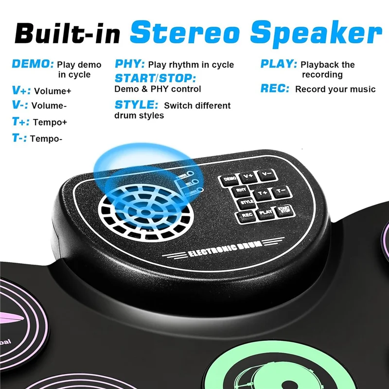 Set di batteria a mano Dropship, 9 pad per batteria con jack per cuffie, kit di batteria elettronica Pedali per batteria con altoparlante incorporato, regali per bambini