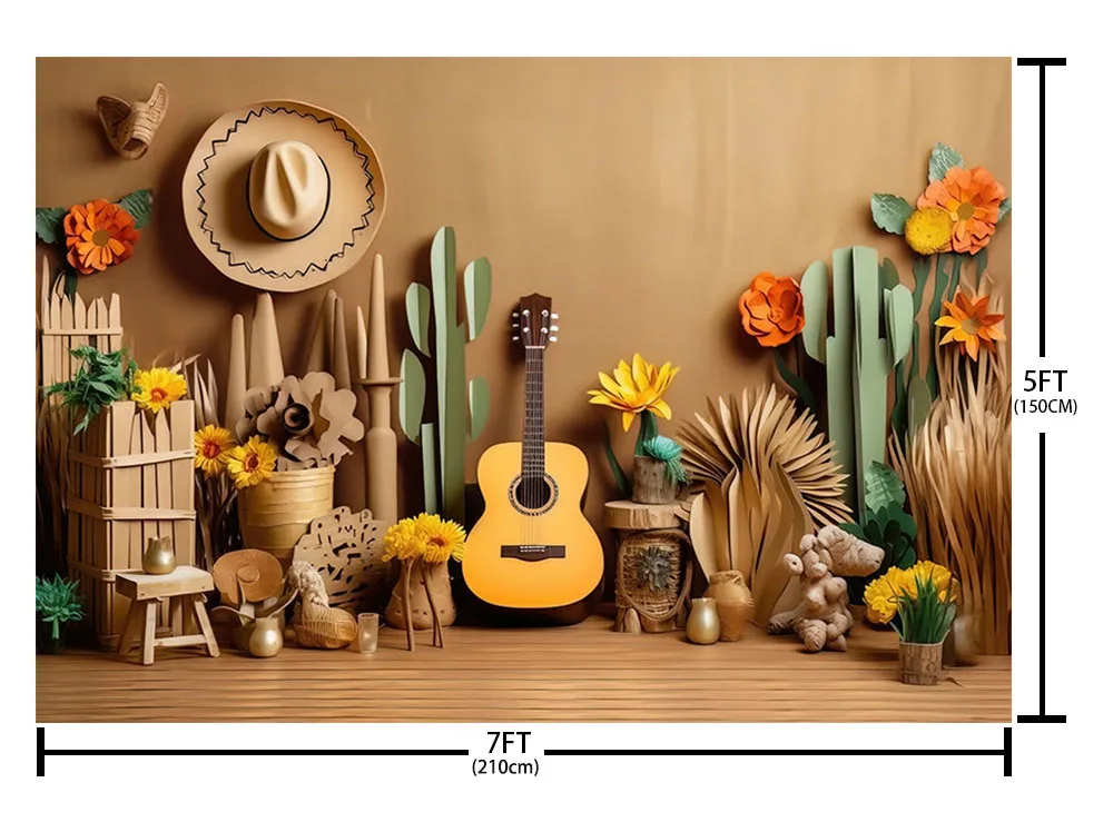 Mehofond Western Wild Fiesta Photography Background Green Cactus West Guitar Flowers Kids Birthday Party Backdrop Photo Studio