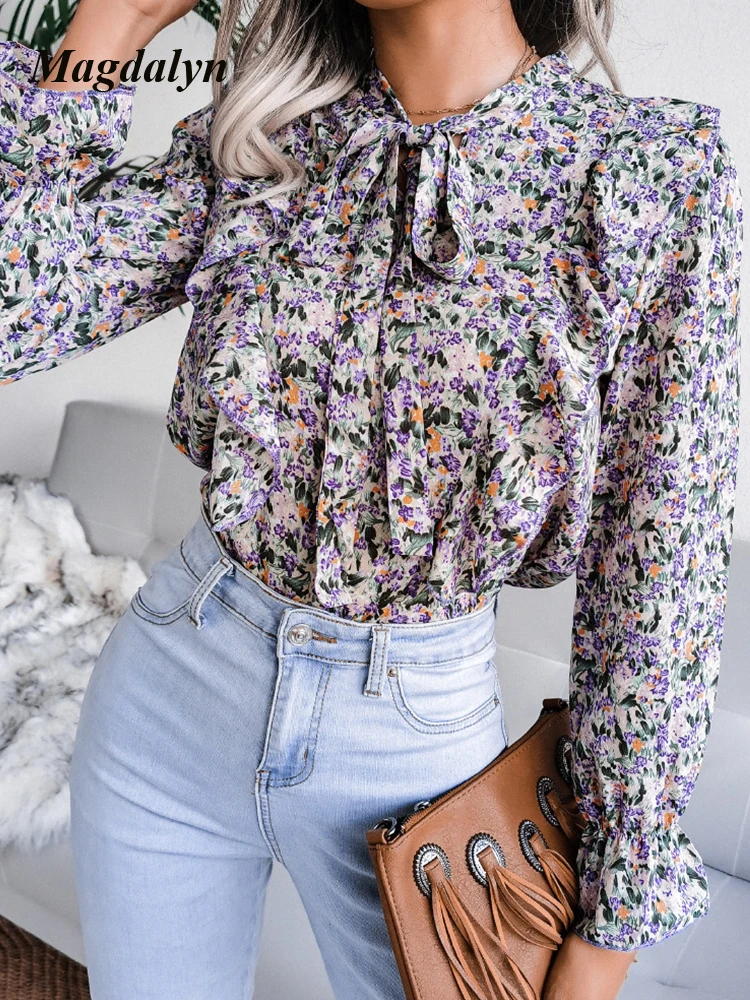 Magdalyn Ins Office Shirt Oversized Vintage Elegante Bloemenprint Blouse Top Met Ruches Chiffon Blusa Casual Strik Top Met Lange Mouwen