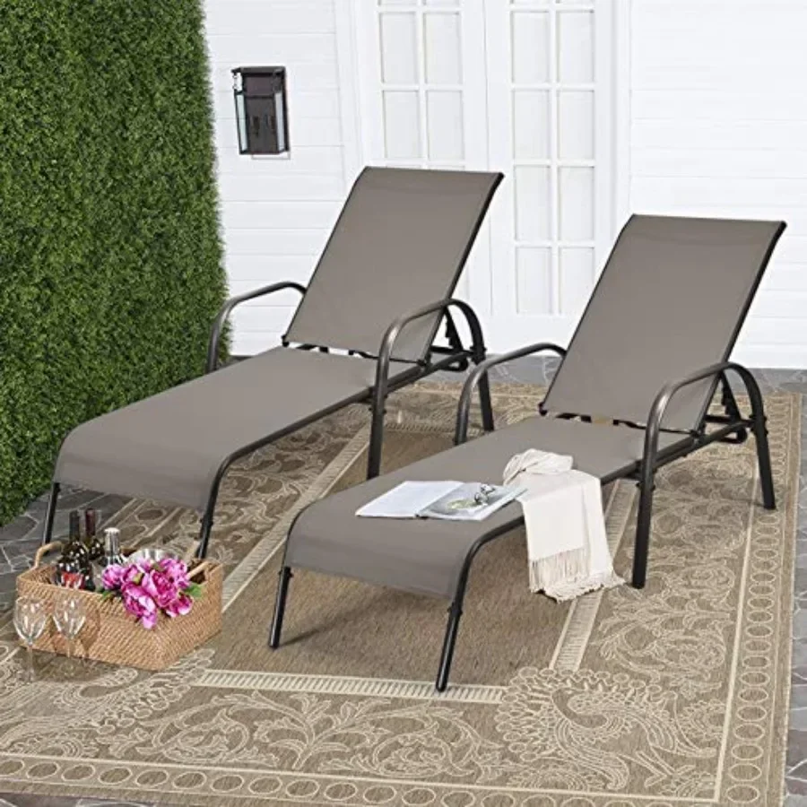 Outdoor lounge chairs set of 2, steel frame, black, adjustable backrest and heavy-duty for beach, yard, balcony, poolside