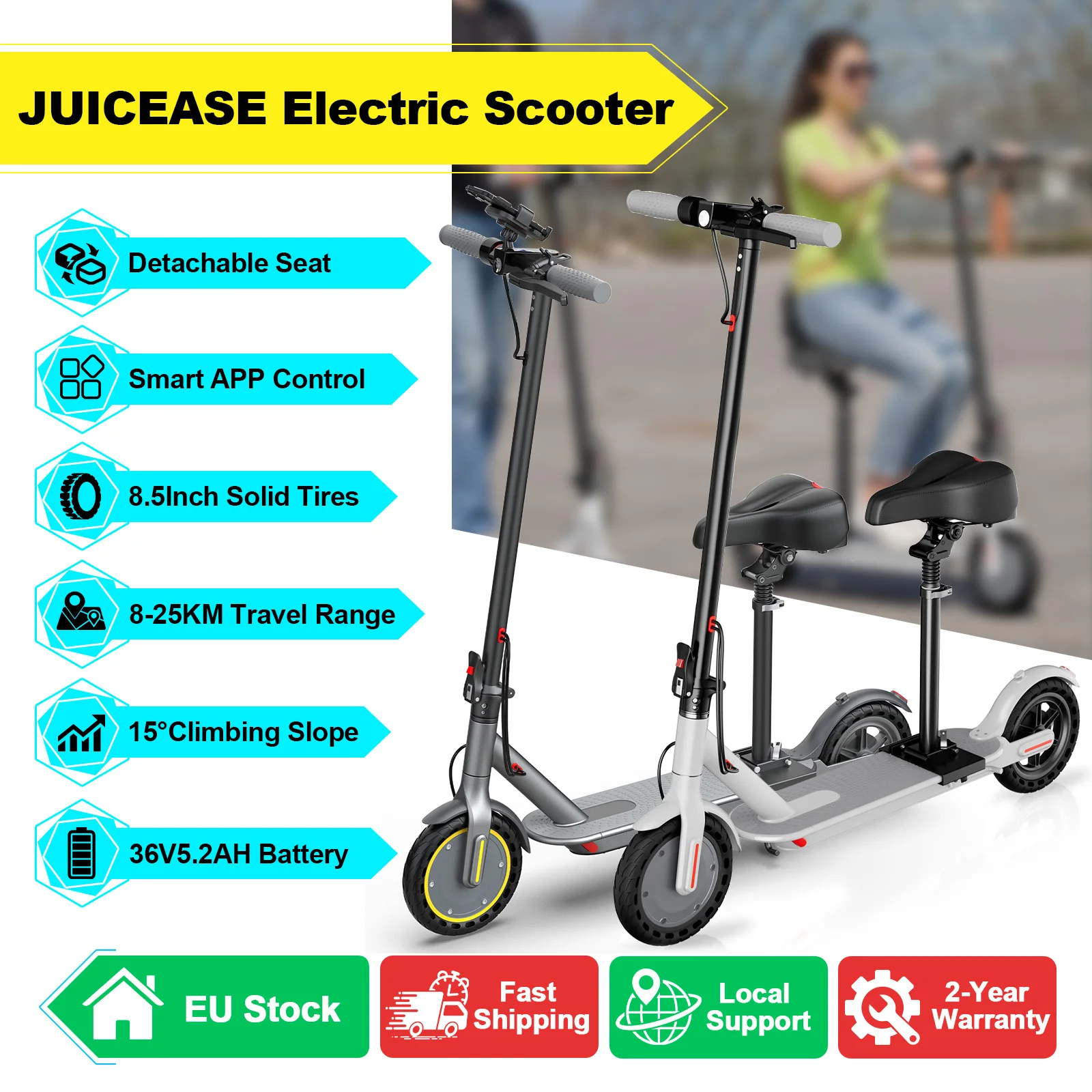NEU 2026 JUICEASE LP01 Elektroroller mit Sitz 36V 8-25KM Reichweite Wasserdichter Elektroroller 8,5" Anti-Rutsch-Reifen Geeignet für Alle Geländearten E-Scooter