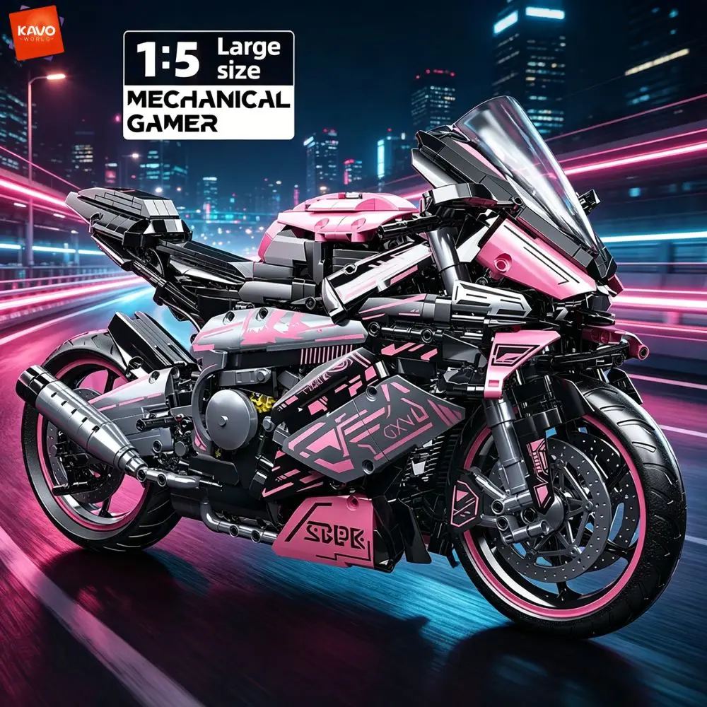 

KAVOWORLD 2096PCS Highly Restored Racing Bike Puzzle DIY Model 1:5 Scale Cyber Pink Racing Motorcycle Building Set Holiday Gifts