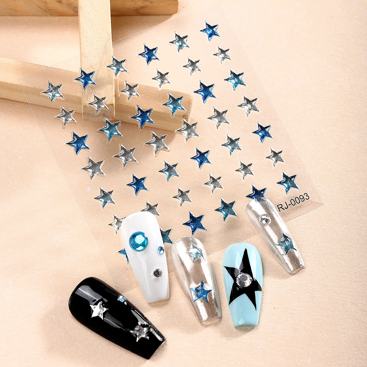 Pegatinas de plata y estrella azul para decoración de uñas, dijes adhesivos de Metal 5D Y2K, calcomanías de manicura para niñas, deslizadores DIY, 1 unidad