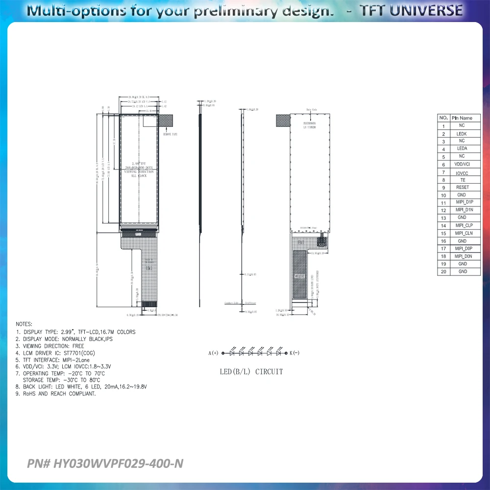3inch 268x800 2-Lane MIPI 400nit Brightness TFT LCD with Wide Temperature Range and Customizable Options for Rugged Applications