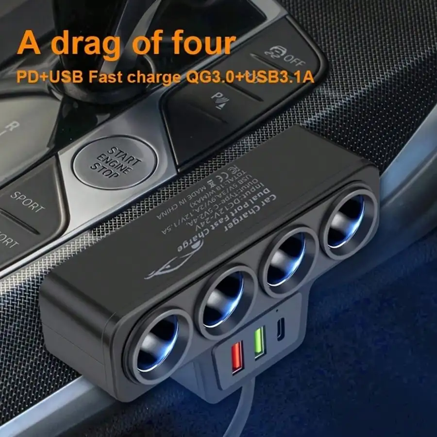 

1Pc Black ABS 4-Port Car Charger with 2 USB & PD Ports, QC3.0 Fast Charging, 12-24V Universal for All Vehicles
