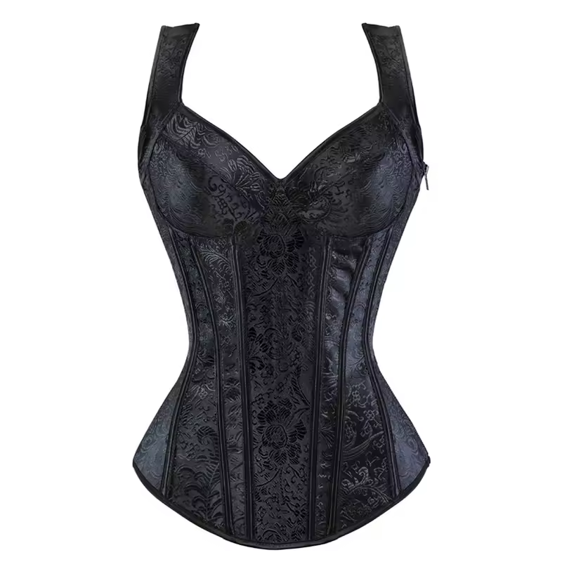 Women Corset with Straps Black Overbust Corset Plus Size Floral Jacquard Corset Zipper Top Gothic Steampunk Corset Bustier - Image 25