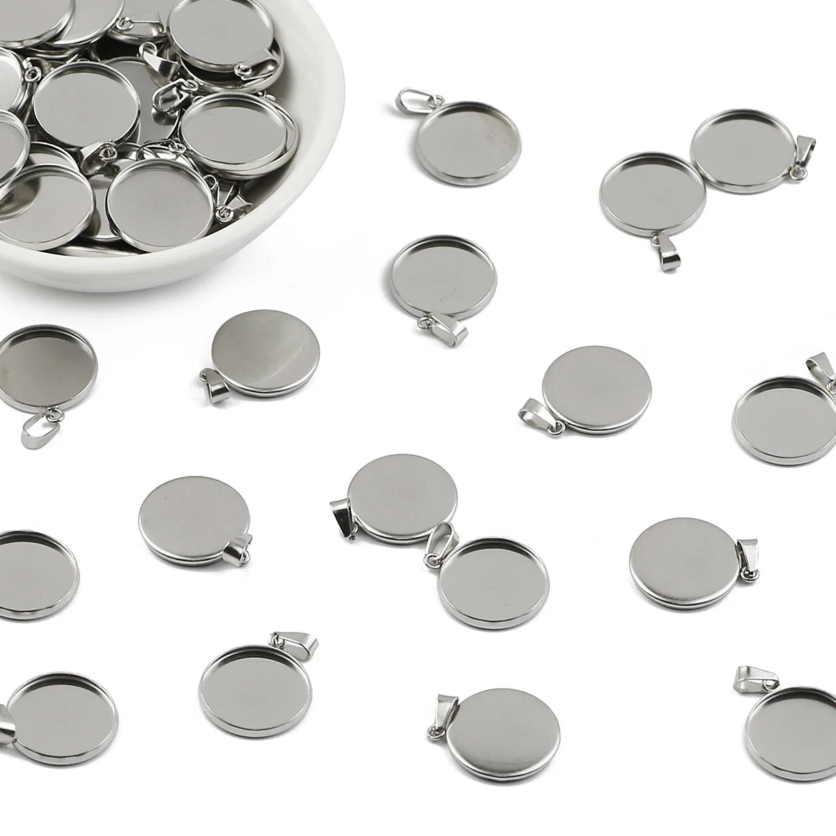 10 Pcs 6-25mm Stainless Steel Discs With Clip Closure, DIY Jewelry Necklace Pendant Tray Open Bezel Setting For Gemstone Inserts