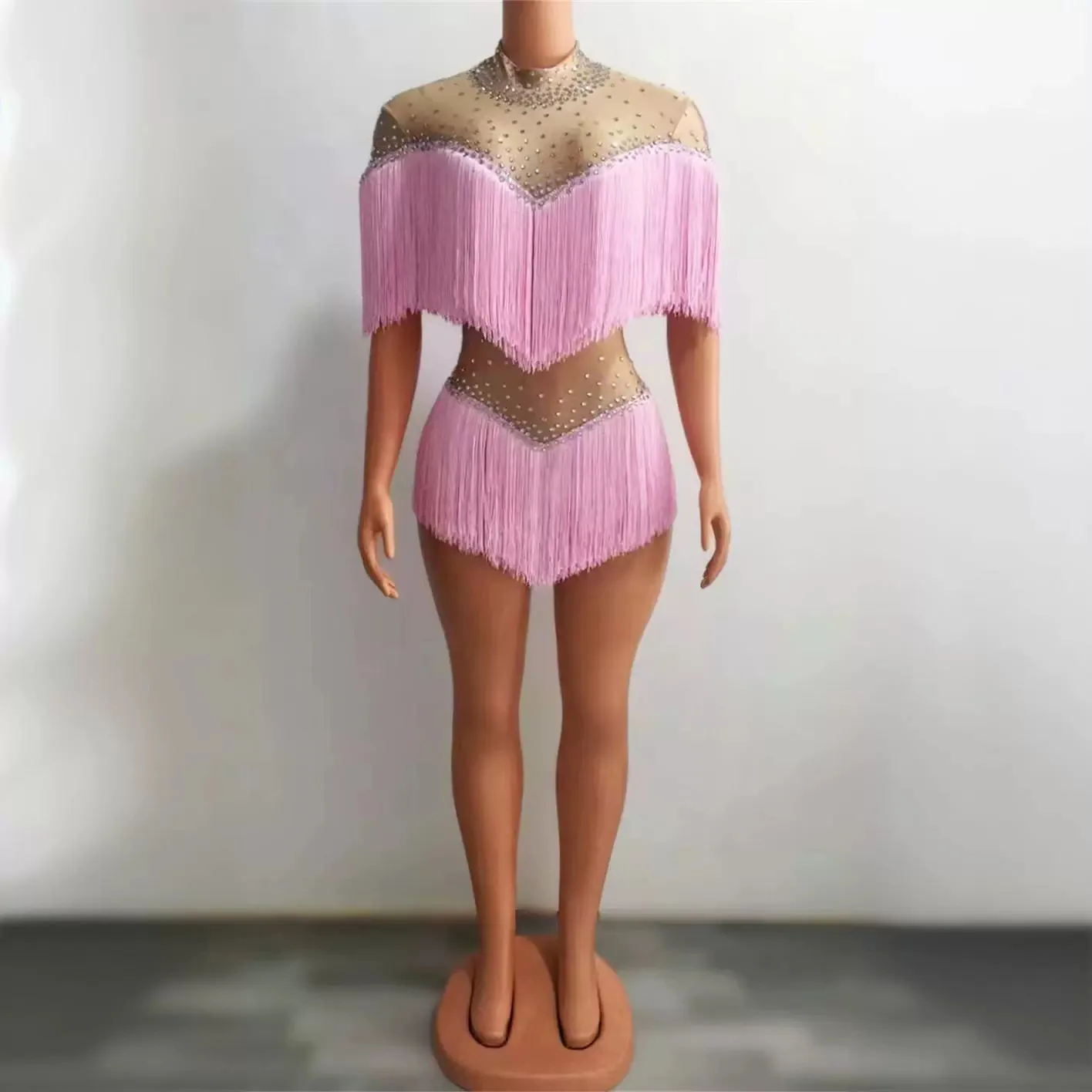 Glamorous Rhinestone Fringe Onesie for Socialite Birthday Party & Stage Performance with Hollow Waist Glam Outfit Party Dresses