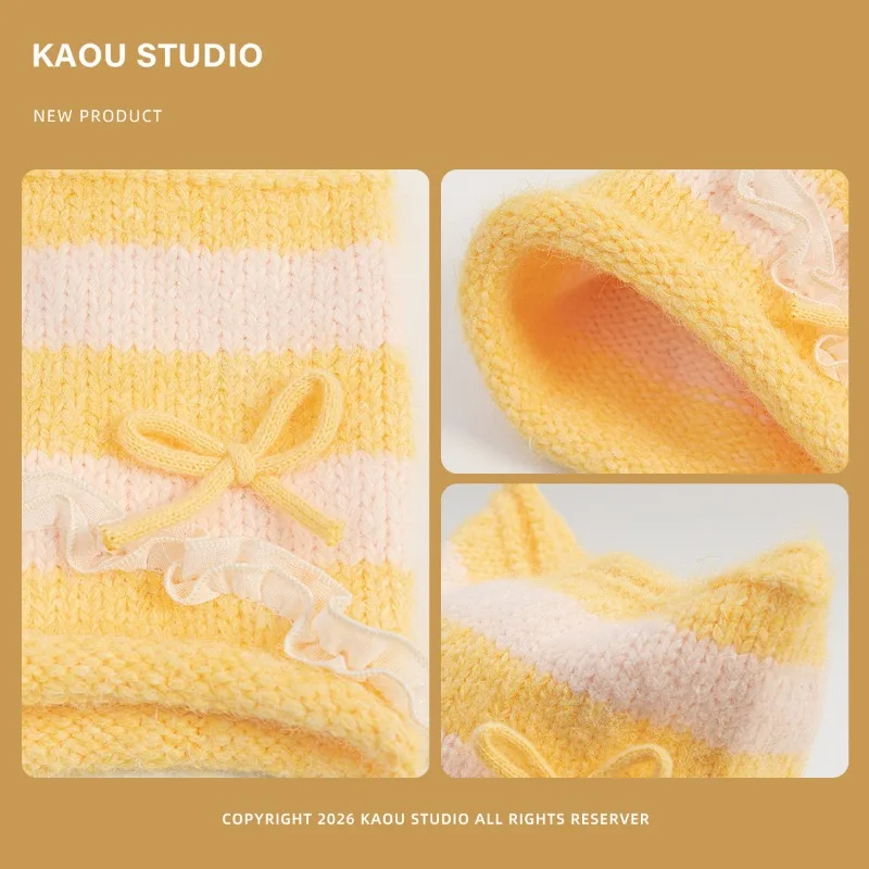 Koreanischer Stil, süße Schleife, Strickmütze mit Katzenohren für Damen, Spitze, im „Ins“-Stil, warme Strickmütze für Herbst und Winter, schützt die Ohren. – Detail 8