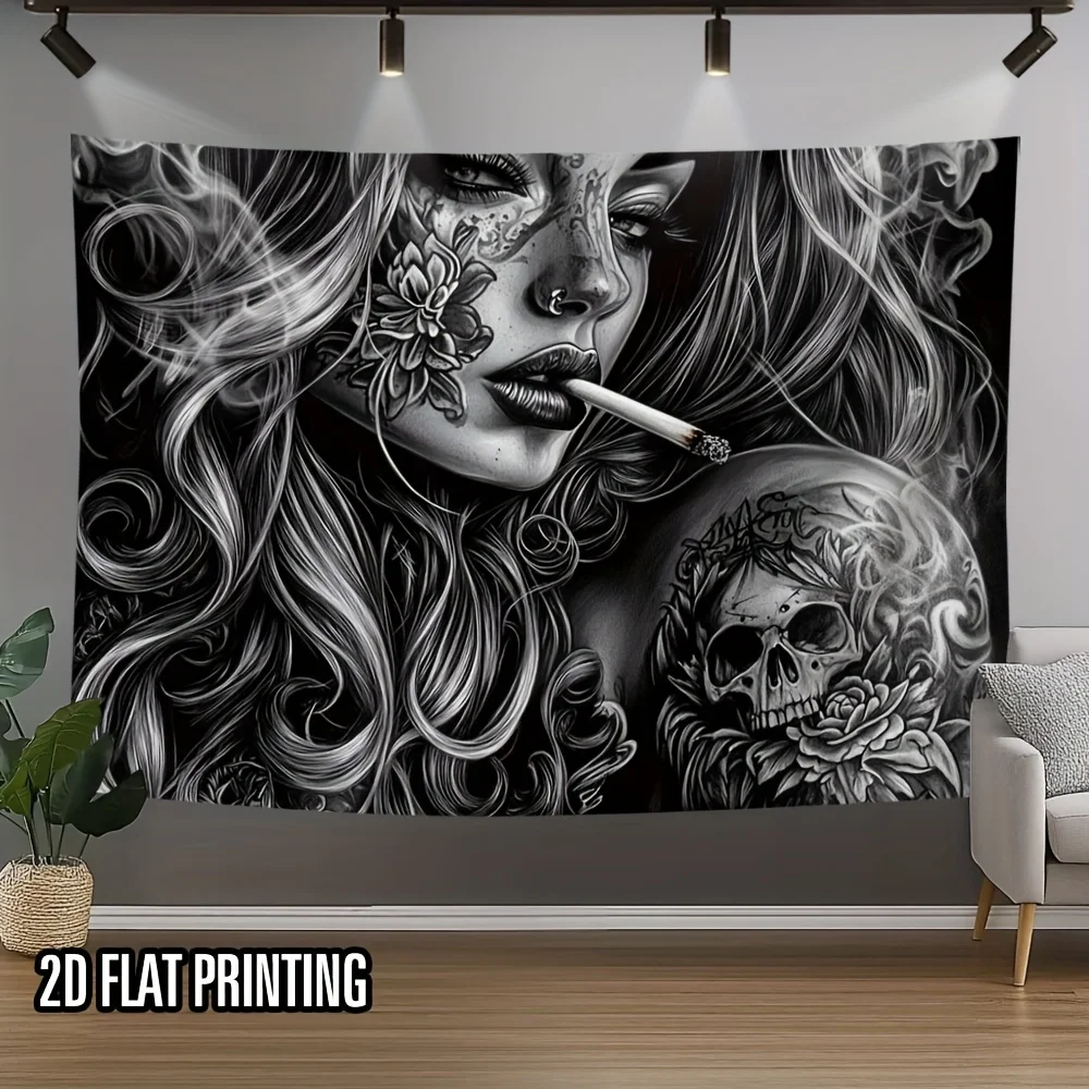 1pc Chicano Art Girl Smoking Skull Rose Black White Tattoo 2D Flat Tapestry Backdrop For Living Room Decor Edgy Wall Hanging