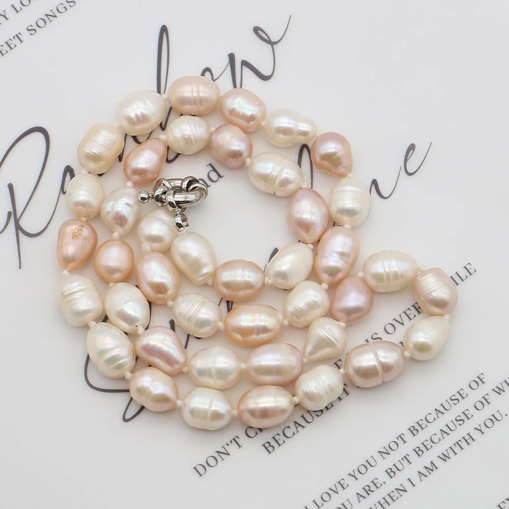 Fashionable Natural Freshwater Baroque Rice-shaped Textured Colored Straight-hole Pearl Steering Wheel Buckle Necklace Jewelry