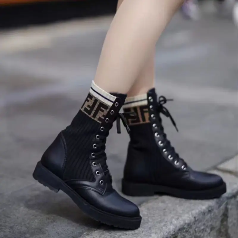 New Knit Patchwork Autumn and Winter Martin Boots Women\'s Mid-calf Tie-up Letter Boots