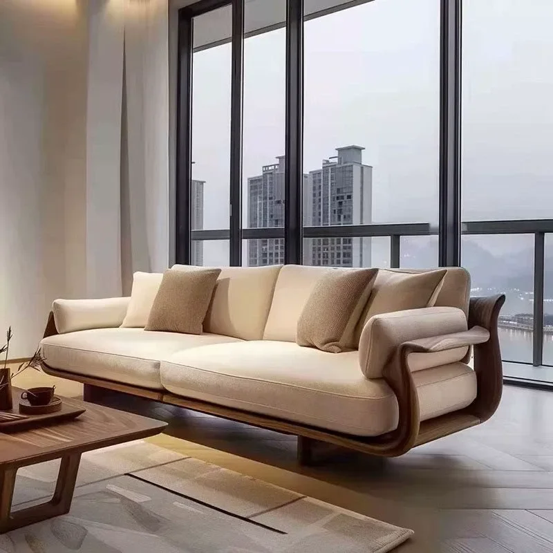 New Chinese Style North American Black Walnut Straight Row Sofa Living Room Modern Light Luxury Cotton Linen Fabric