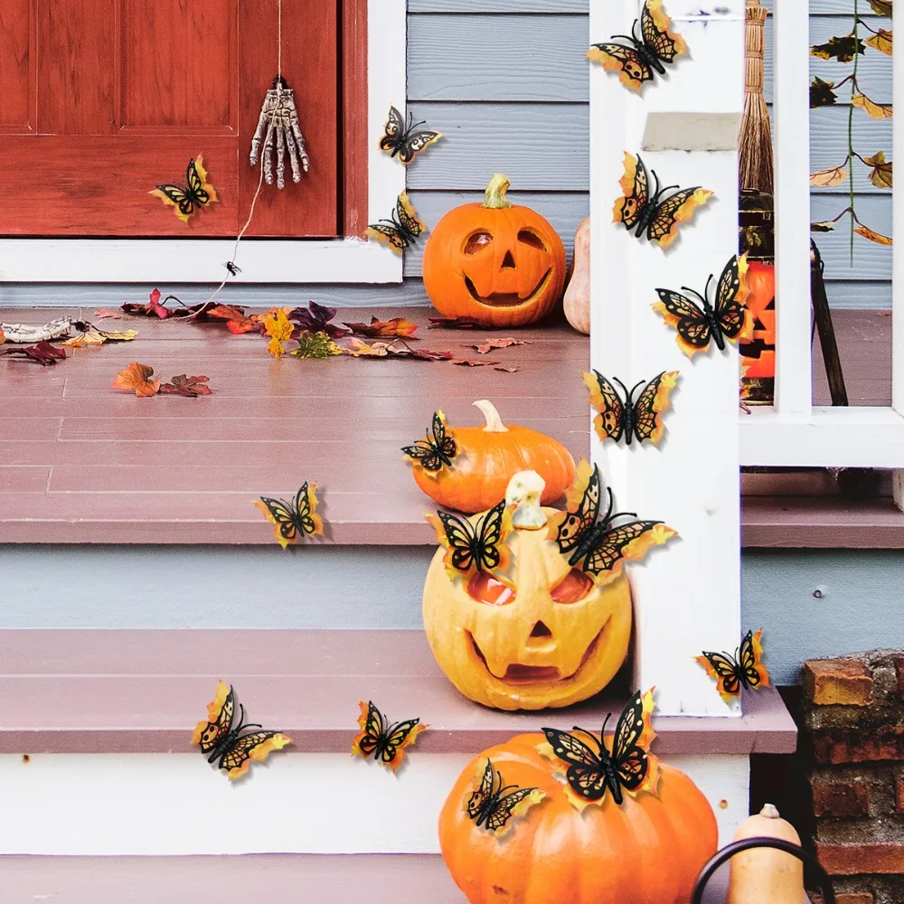 12pcs/set Double-Layer Halloween 3D Bat Stickers Self Adhesive Skull Pattern Butterfly Wall Stickers PVC Halloween Window Decal
