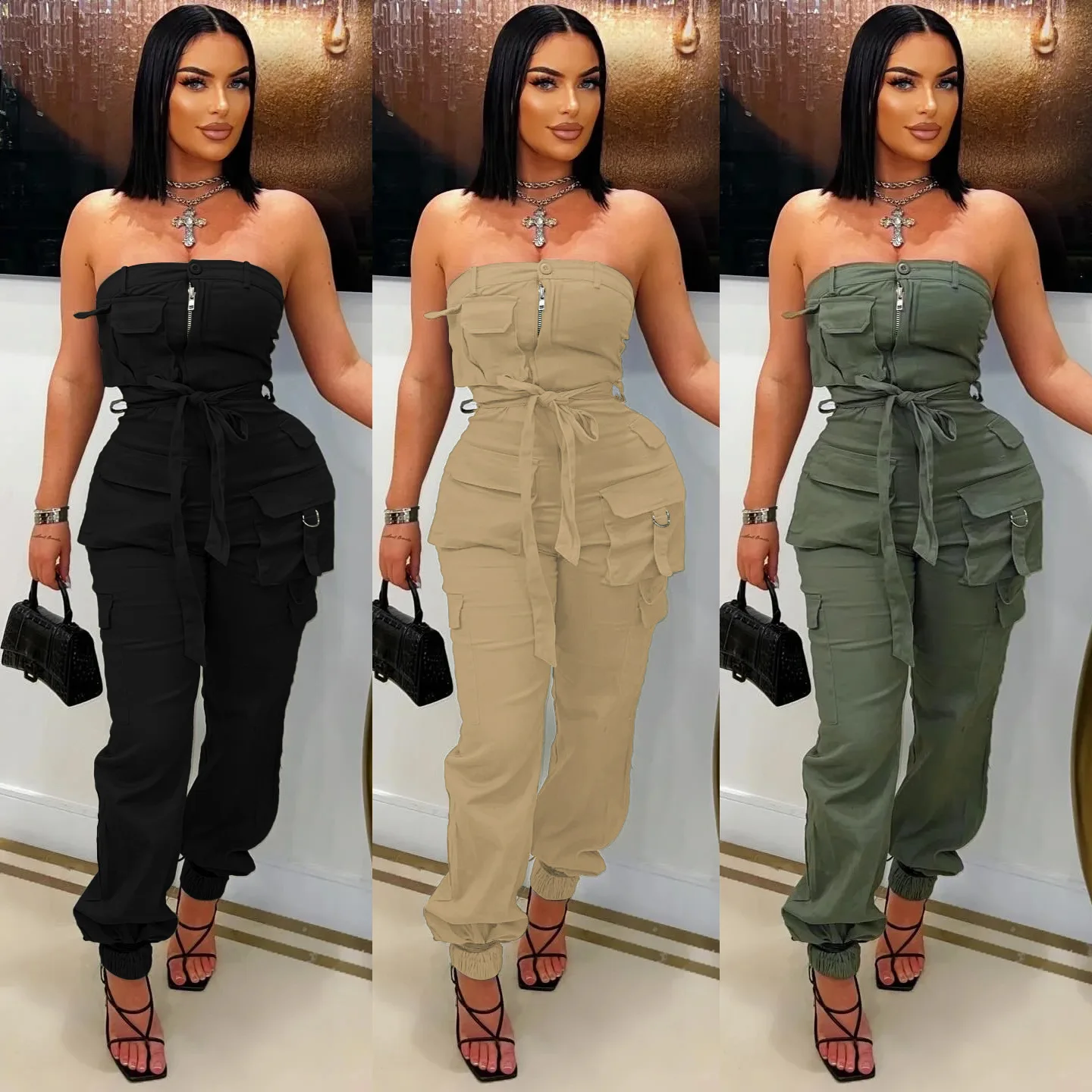 

Casual Commuting Women's Solid Color Multi Pocket Ankle Binding Workwear Strapless Jumpsuit
