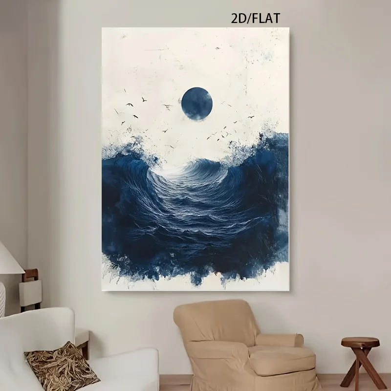 2D Flat, 1 шт. Плакат с изображением океанских волн и летающих птиц - Большой современный настенный художественный постер темно-синего цвета, безрамный холст 2D Flat, 1 шт. Плакат с изображением океанских волн и летающих птиц - Большой современный настенный художественный постер темно-синего цвета, безрамный холст