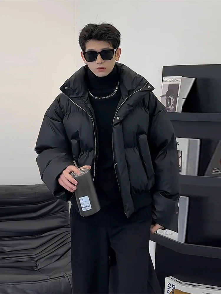 

Black Short PU Leather down Cotton Jacket Men's Winter Cleanfit Stand Collar Bread Style High-End Feeling Outerwear Coat