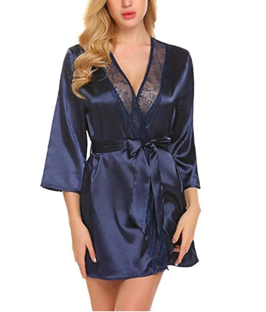 Women\'s sexy lingerie, solid color sleepwear, satin robe, lace sleepwear, kimono, lace cuffs, skin friendly