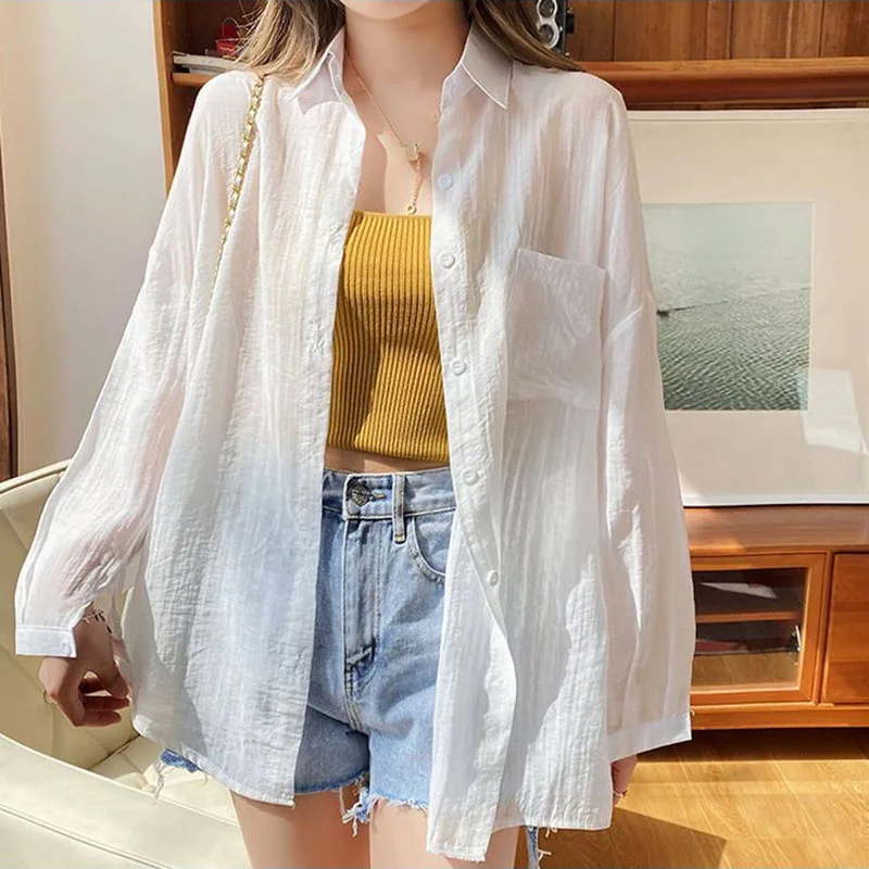 Long Sleeved Thin Sun Protection Cardigan Women Casual White Sunscreen Shirt Summer All Match Lazy Wind Loose Chiffon Shirts