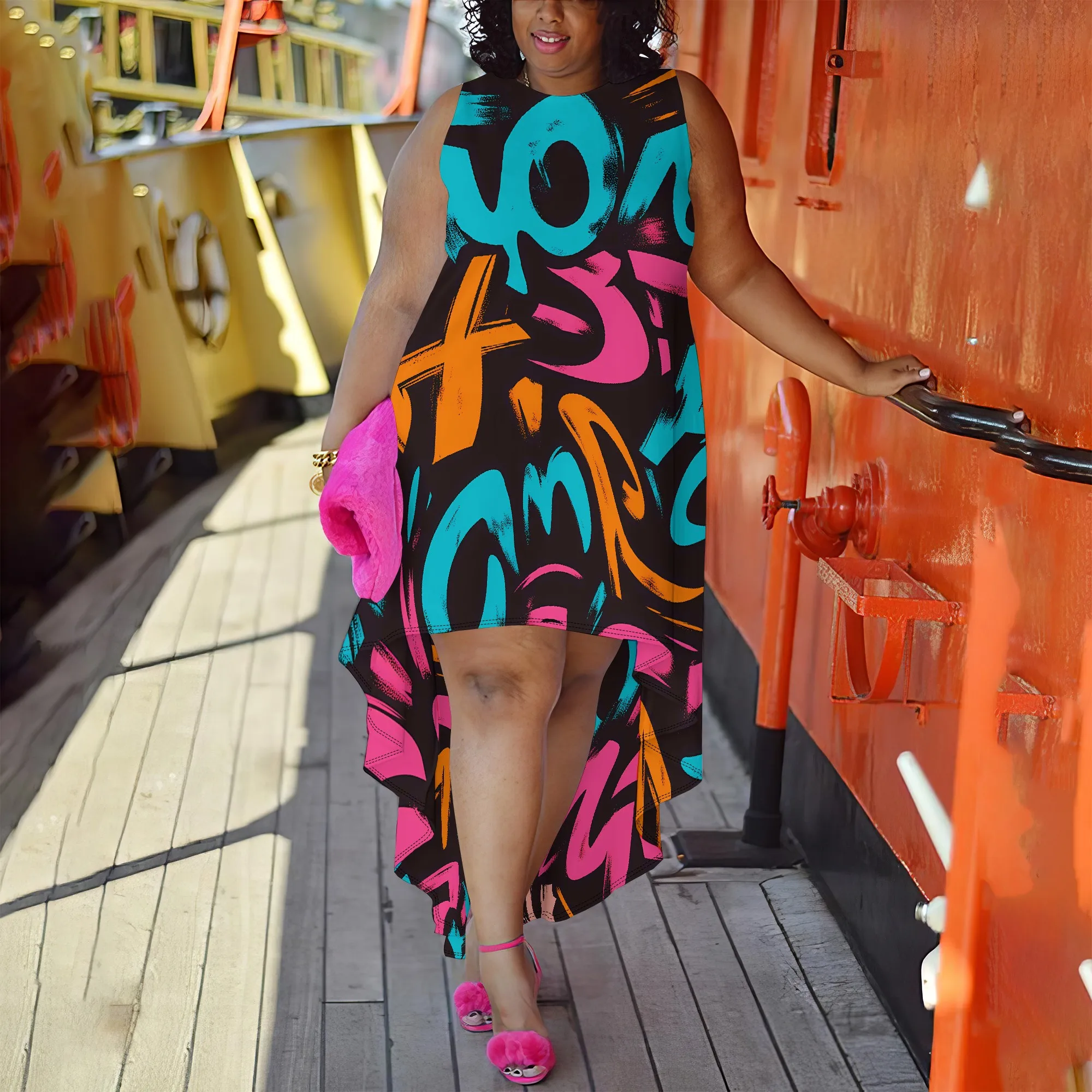 Plus Size Sleeveless Graffiti Abstract Print High-Low Dress for Women, Vibrant Casual Dress for Summer