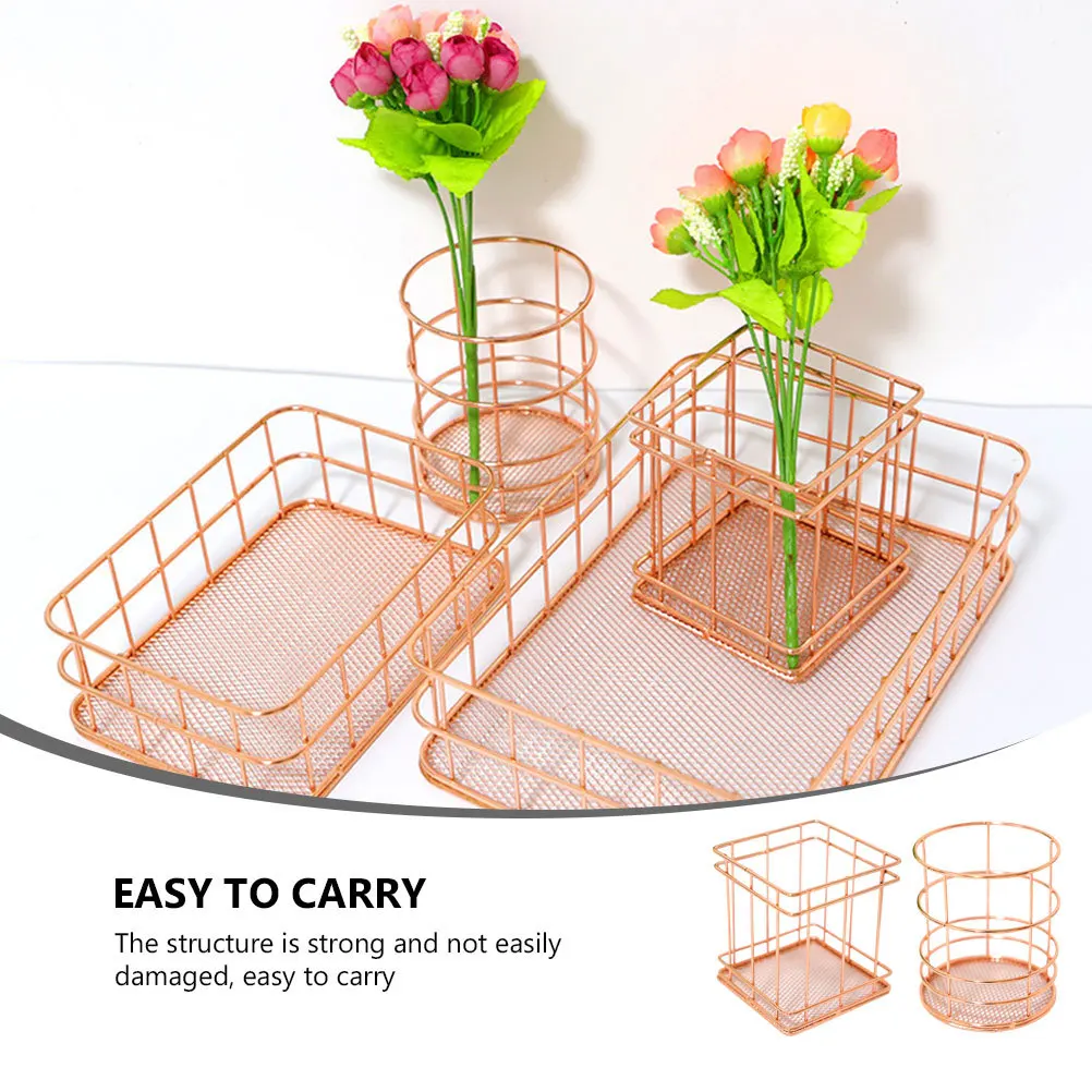 

2Pcs Rose Gold Iron Storage Basket Nordic Style Metal Pen Holder for Desk Organization Home Office Decorative Storage Container