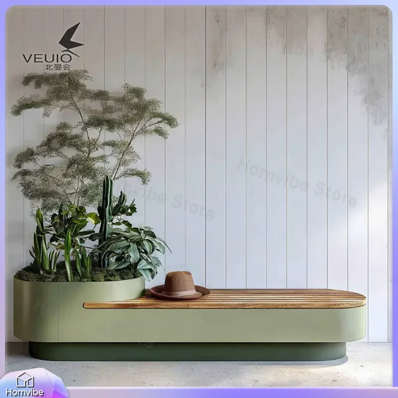 Outdoor Galvanized Flower Box Bench Integrated Planter Seat Square Commercial Street Rest Stool Landscape Wrought Iron Garden
