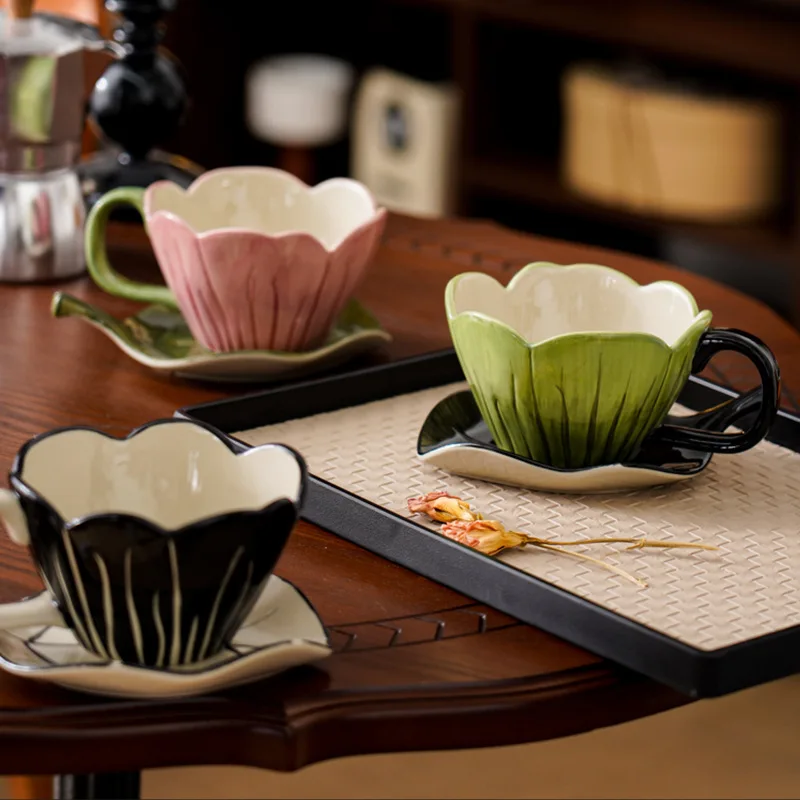 Irregular Hand-painted Coffee Cup Dish Set Exquisite Office Afternoon Tea Mugs Fashion Flower Ceramic Mug Leaves Plates Drinkwar