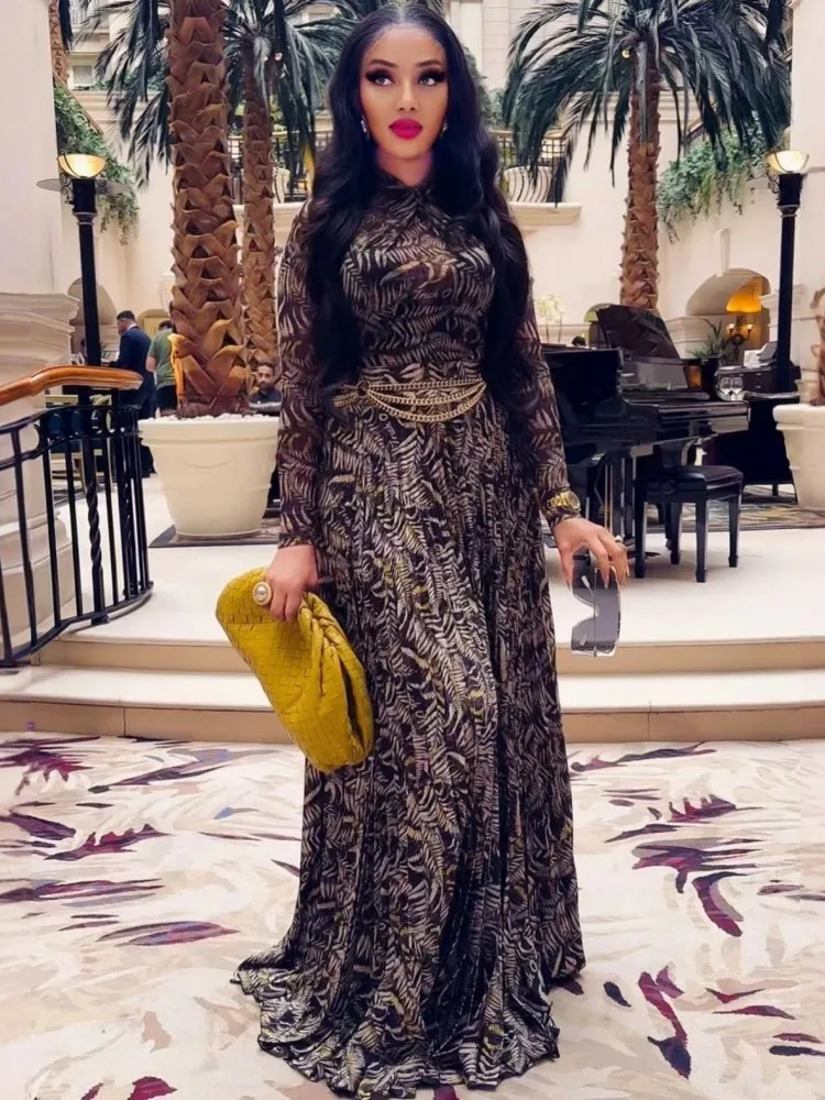 Elegant Women O-Neck Maxi Dress Fashion Long Sleeve Flower Print Dresses Evening Ladies Street Party Vestidos 2026 Spring Summer