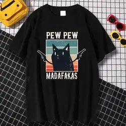 Pew Pew Madafakas Black Cat Cartoon Funny Print T Shirts Men 100% Cotton Clothes Loose T Shirts Harajuku Crewneck Men Tops