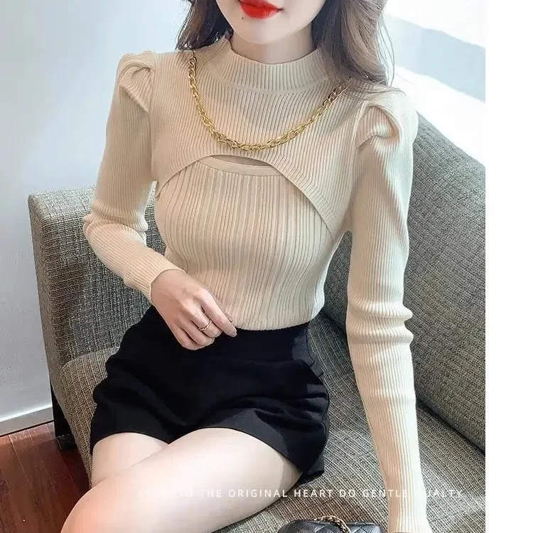 ハーフハイネック中空ニットセーター女性のセーターバブルスリーブ付き新しいファッショナブルで多用途なチェーンセクシーな長袖
