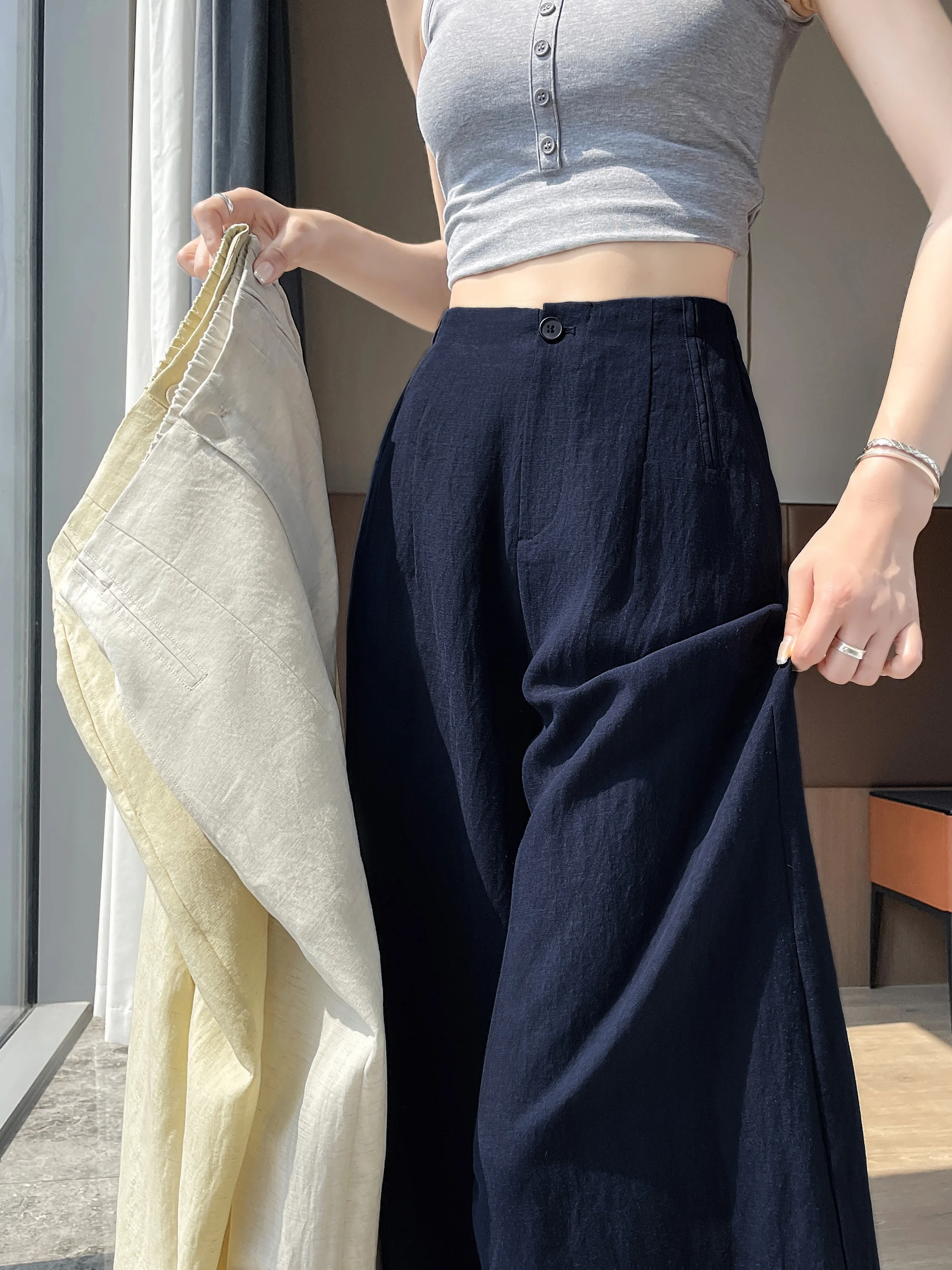 

Loose Thin Linen Suit Pants Women Summer High Waist Wide Leg Casual Zipper Pure Color Floor Length Ice Silk Pants