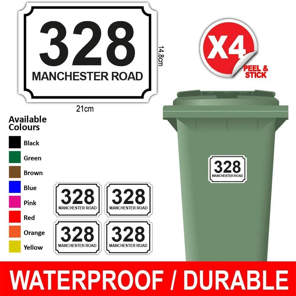 4X Customized Printed Wheelie Bin Number Stickers with House Number And Street Name Classic Style