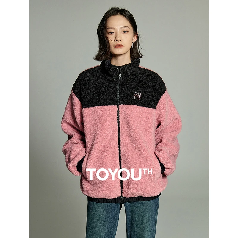 

Toyouth Women Imitation Lamb Wool Jacket 2023 Winter Long Sleeve Stand Collar Loose Coat Embroidery Fashion Black Pink Outwear