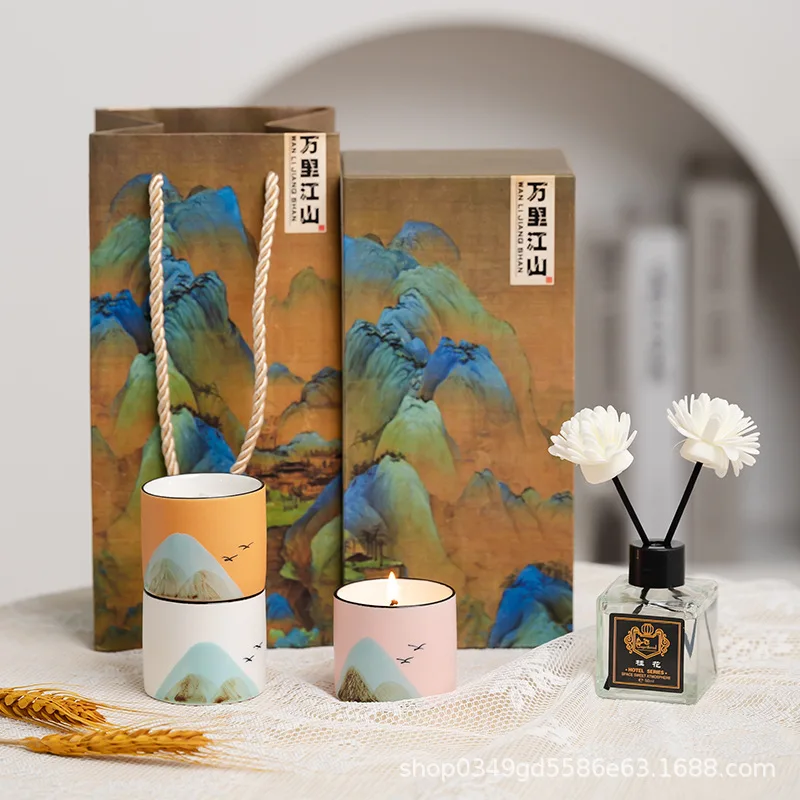 Chinese Style Thousand Miles Jiangshan Ceramics Creative Scented Candle Gift Box Niche Premium Gift No Fire Essential Oil Soybea